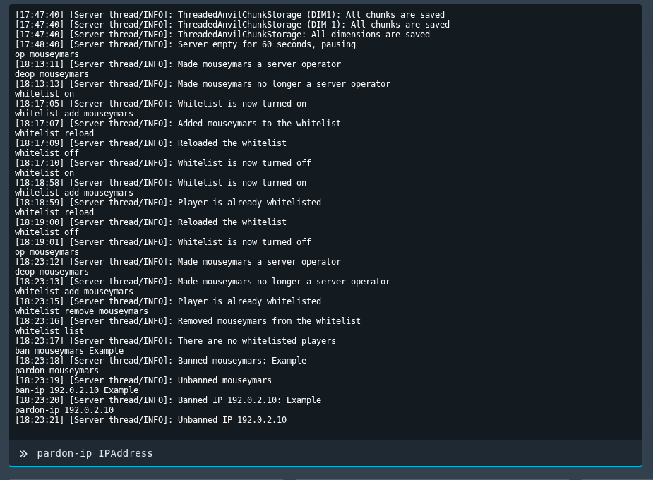 Minecraft ban pardon and IP ban commands shown in the Ptero console