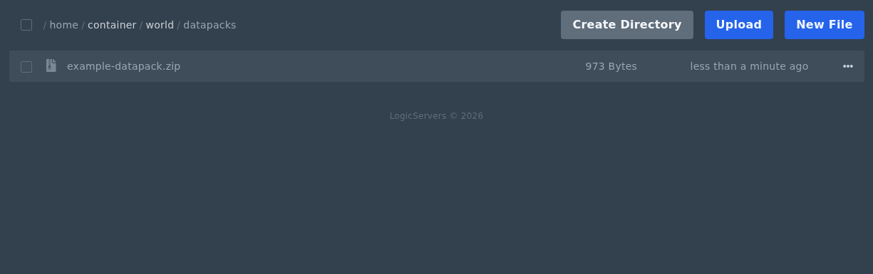 Minecraft datapack zip uploaded to the world datapacks folder in the control panel