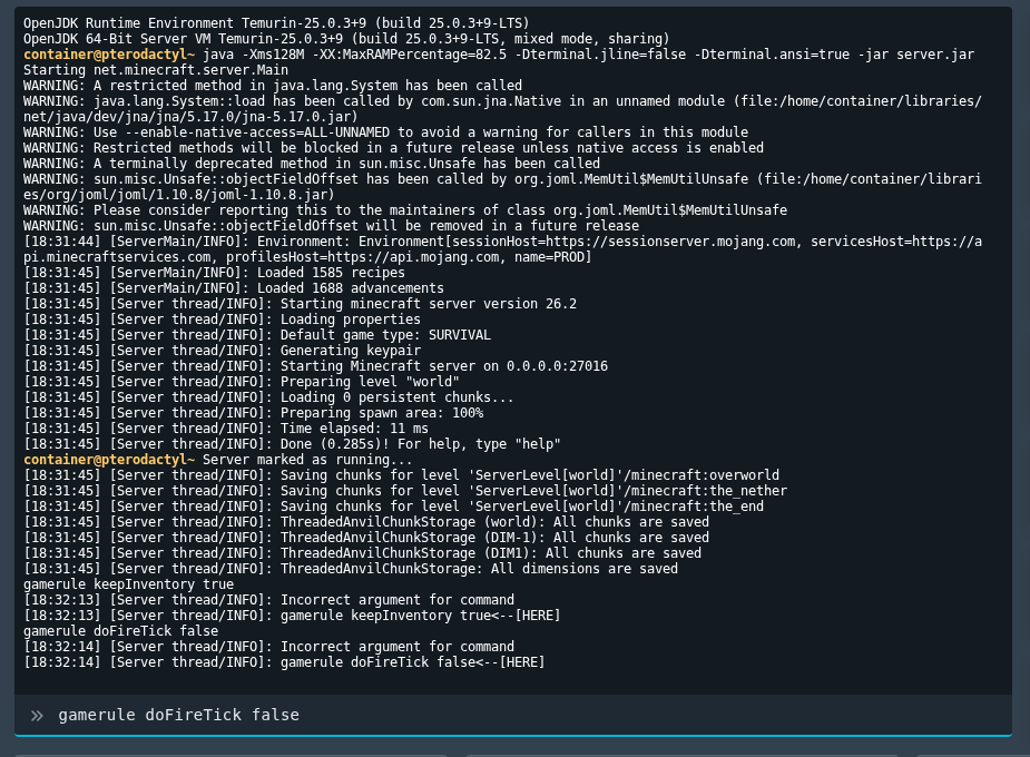 Minecraft gamerule commands shown in the Ptero console