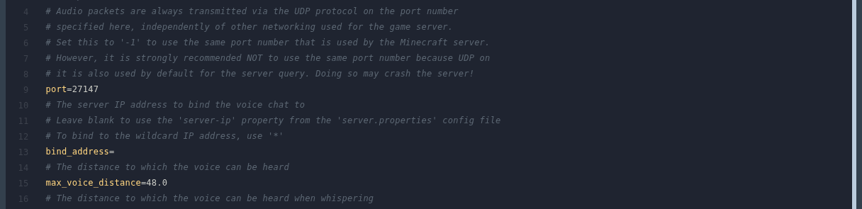 Simple Voice Chat server config with the port set in the text editor
