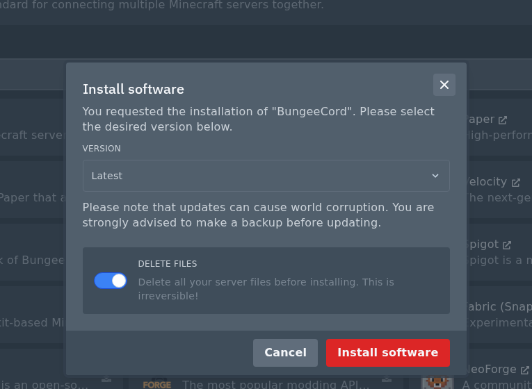 BungeeCord install modal with Delete files checked