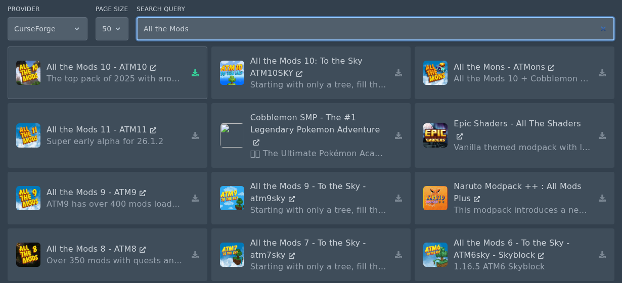 Minecraft modpack installer filters and search results