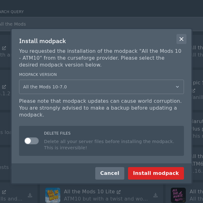 Minecraft modpack installer version and delete files options