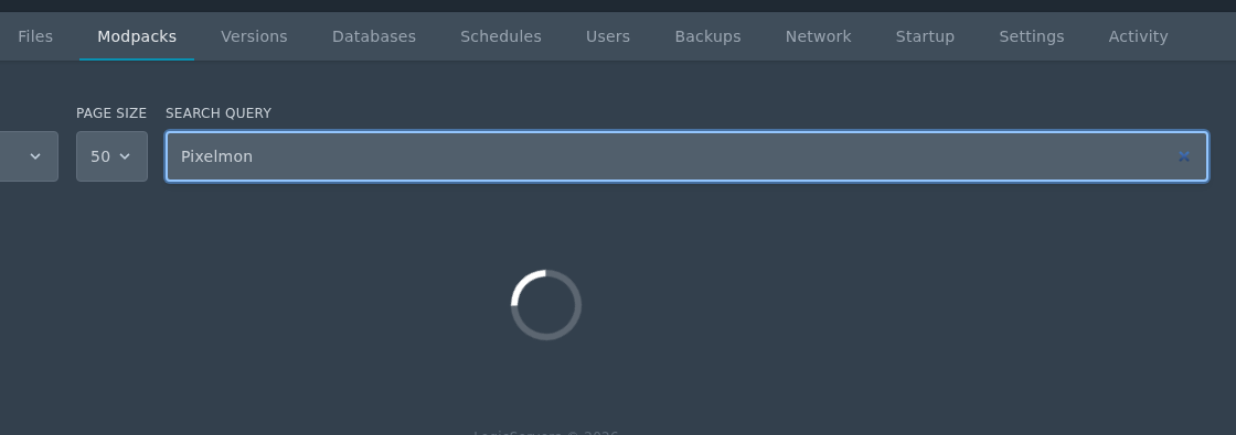 Minecraft modpack installer search page on Ptero
