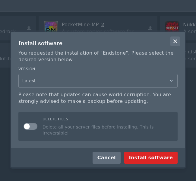 Endstone install modal with version and delete files options