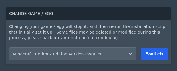 Changing the server egg to the Minecraft Bedrock Edition Version Installer