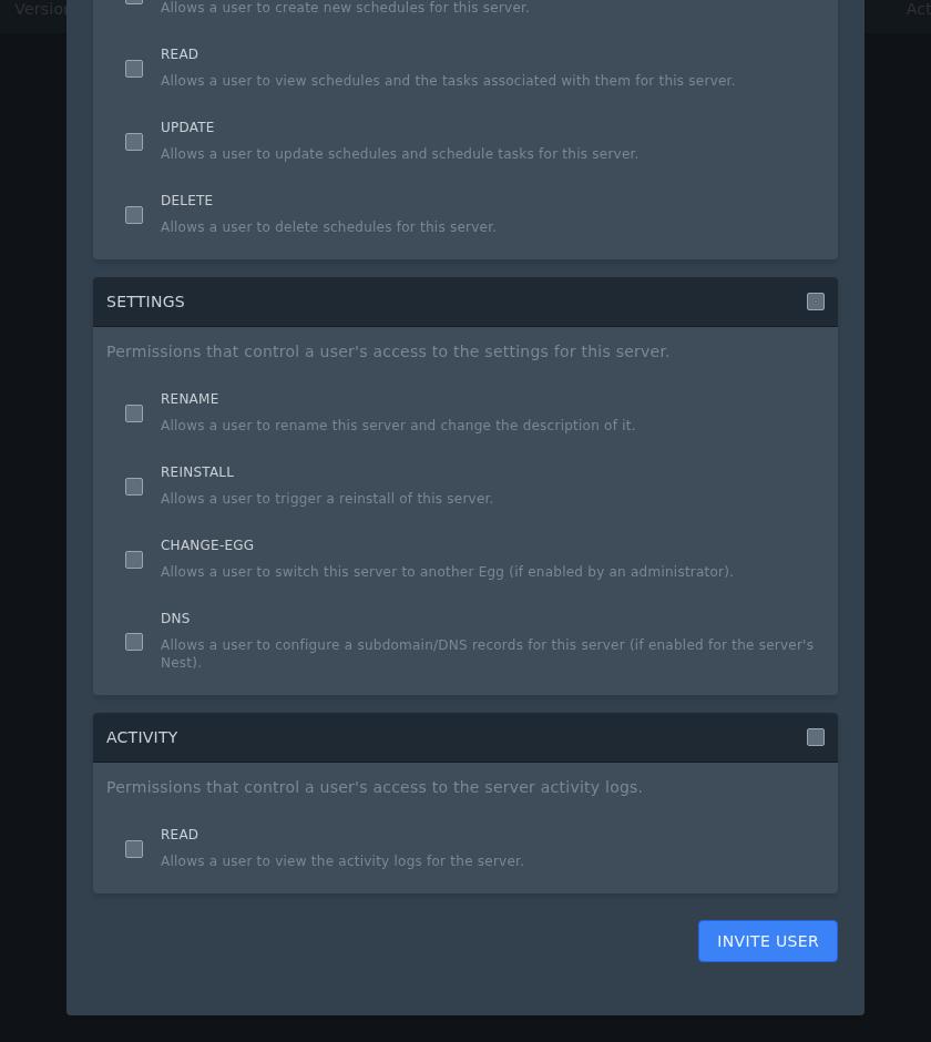 Minecraft subuser permission sections in the invite window