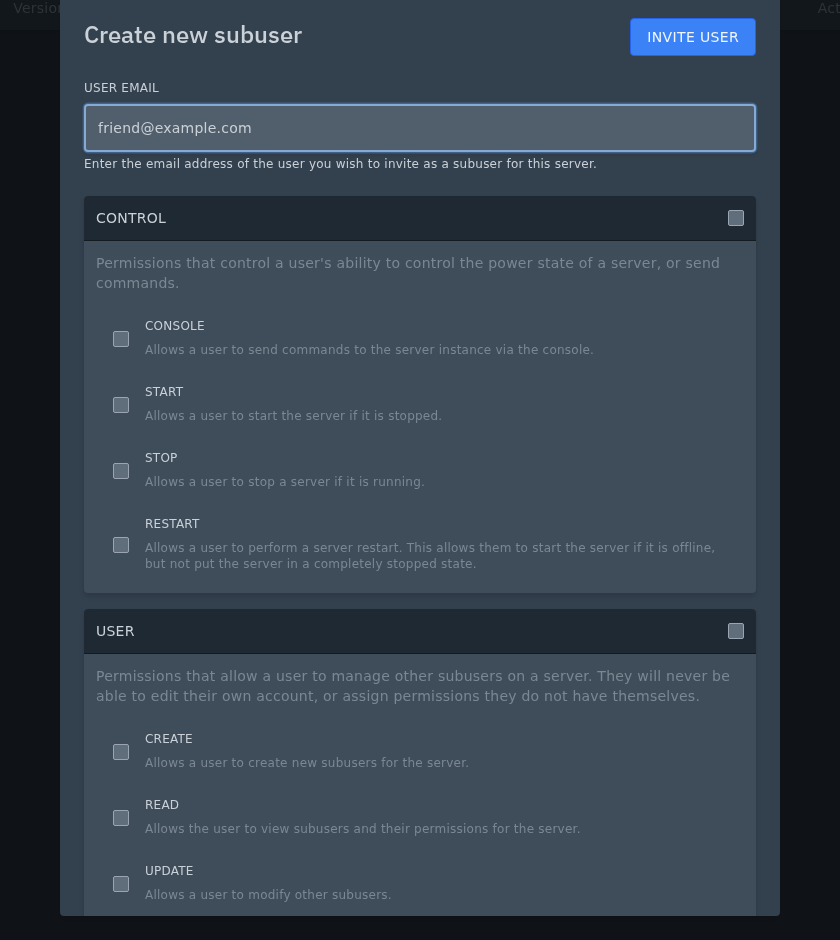 New subuser invite window with email and permissions