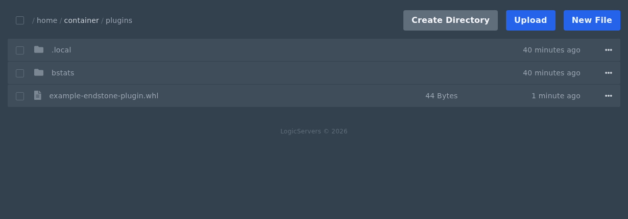 Endstone plugins folder with an example plugin file uploaded