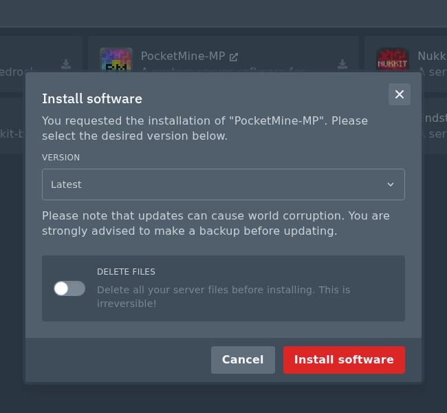 PocketMine install modal with release version and delete files option