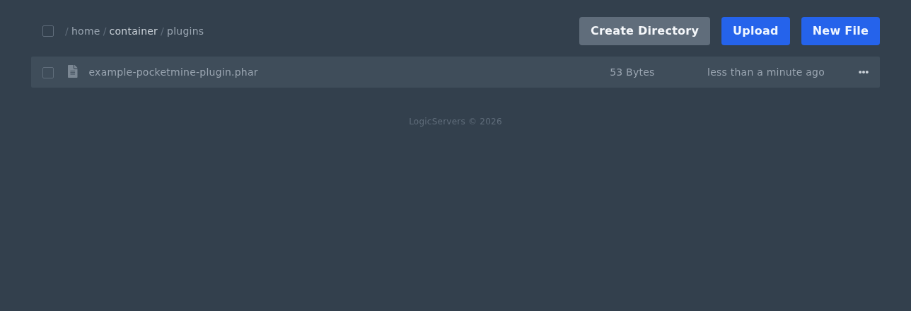 PocketMine plugins folder with an example plugin file uploaded