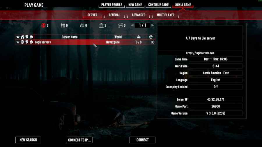 7 Days to Die server browser showing selected server result with IP and port