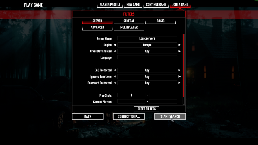 7 Days to Die Join a Game filter screen showing server name search