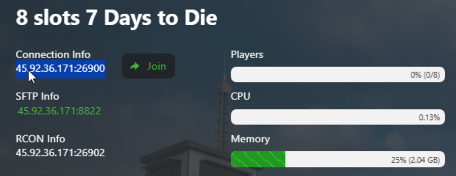 7 Days to Die control panel showing Connection Info address and port