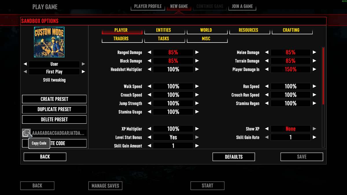 7 Days to Die Sandbox Options showing the Copy Code button
