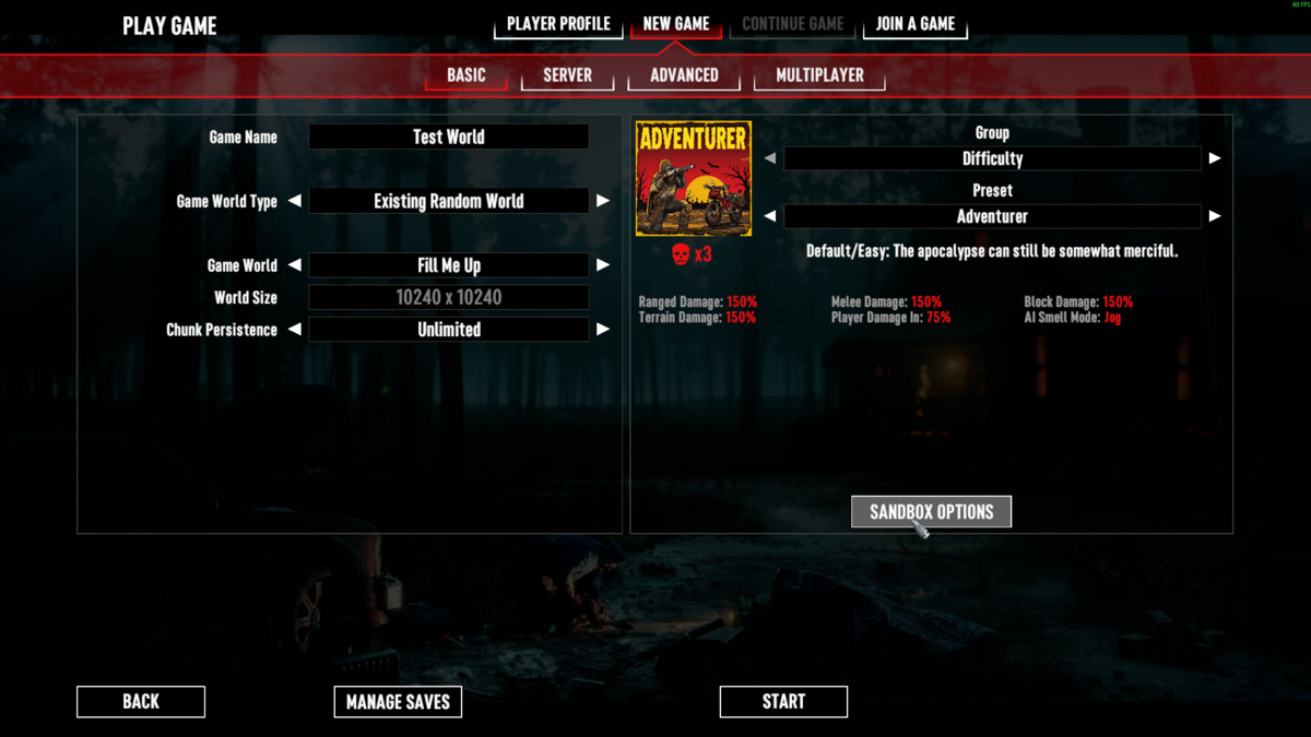 7 Days to Die new game setup showing Sandbox Options