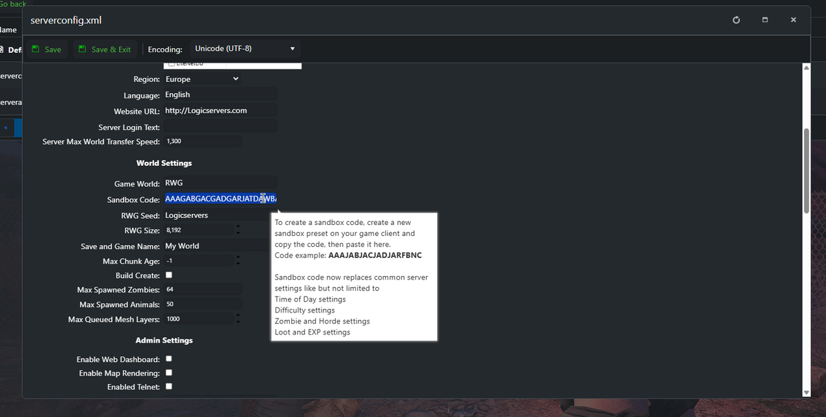 7 Days to Die serverconfig.xml Config Editor showing Sandbox Code