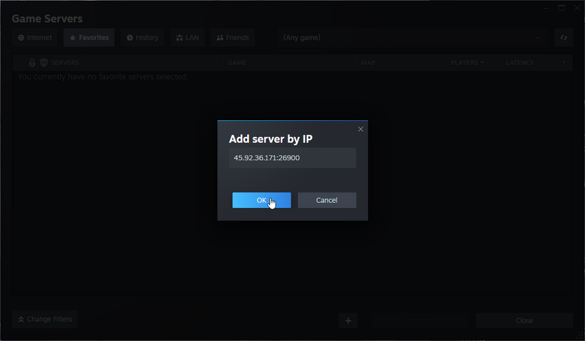 Steam Add server by IP popup showing 7 Days to Die server address