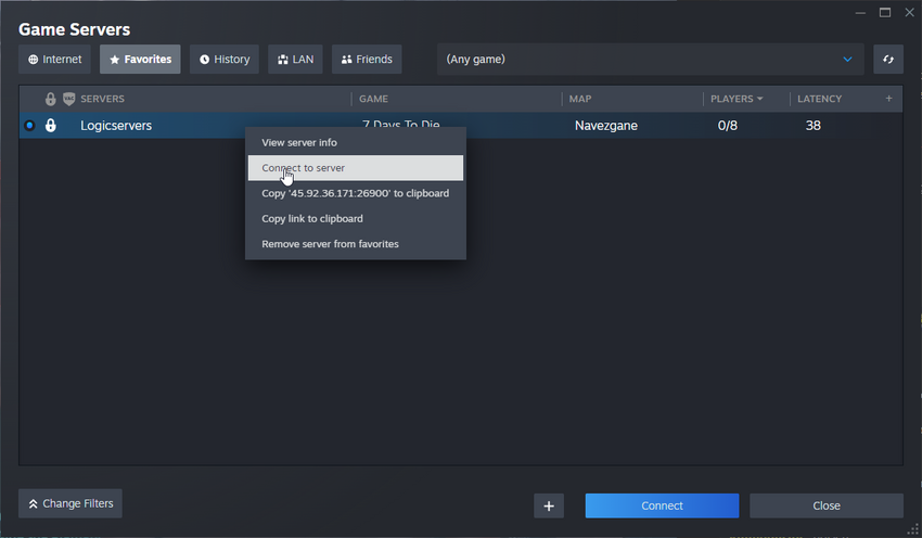 Steam Game Servers favourites list showing Connect to server option