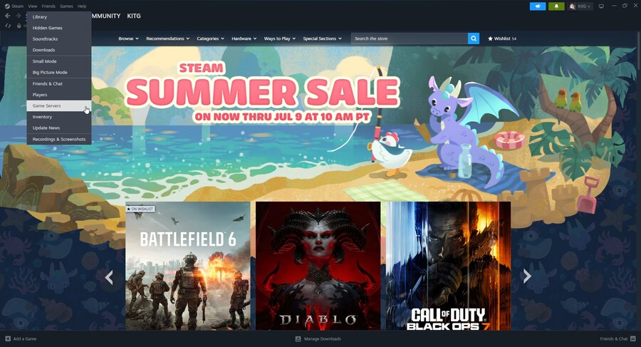 Steam View menu showing Game Servers