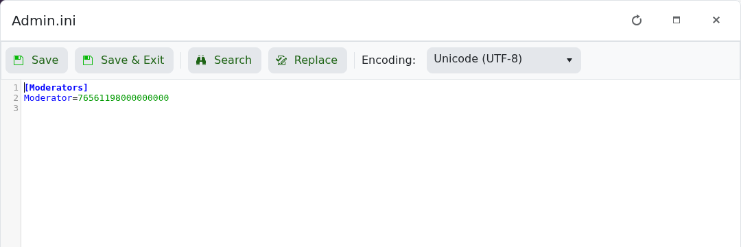 Abiotic Factor Admin.ini moderator Steam ID example