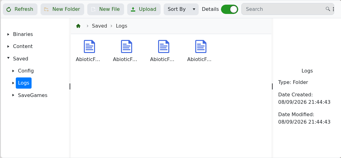 Abiotic Factor Saved Logs folder in File Manager