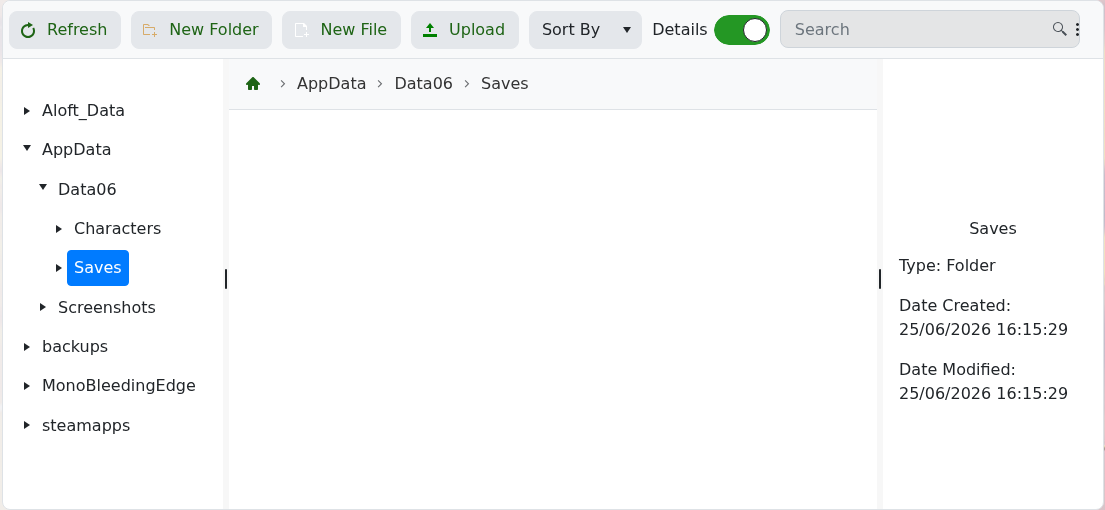 Aloft File Manager showing AppData Data06 Saves