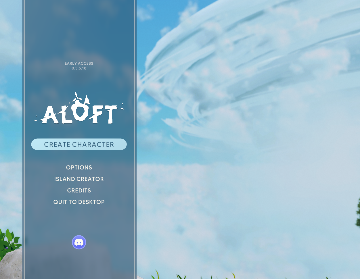 Aloft main menu Create Character button