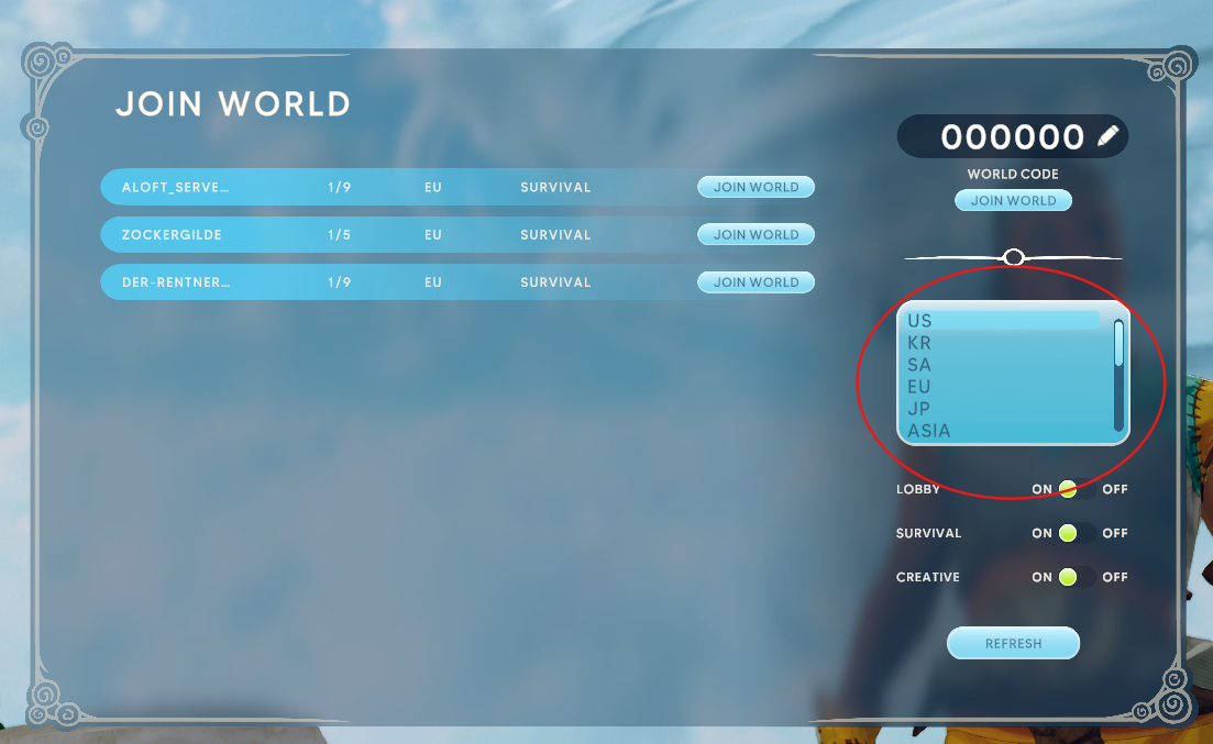 Aloft Join World screen showing World Region