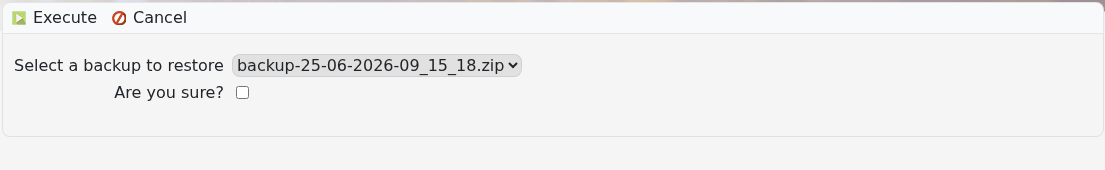 Aloft Restore Backup selector and Execute button