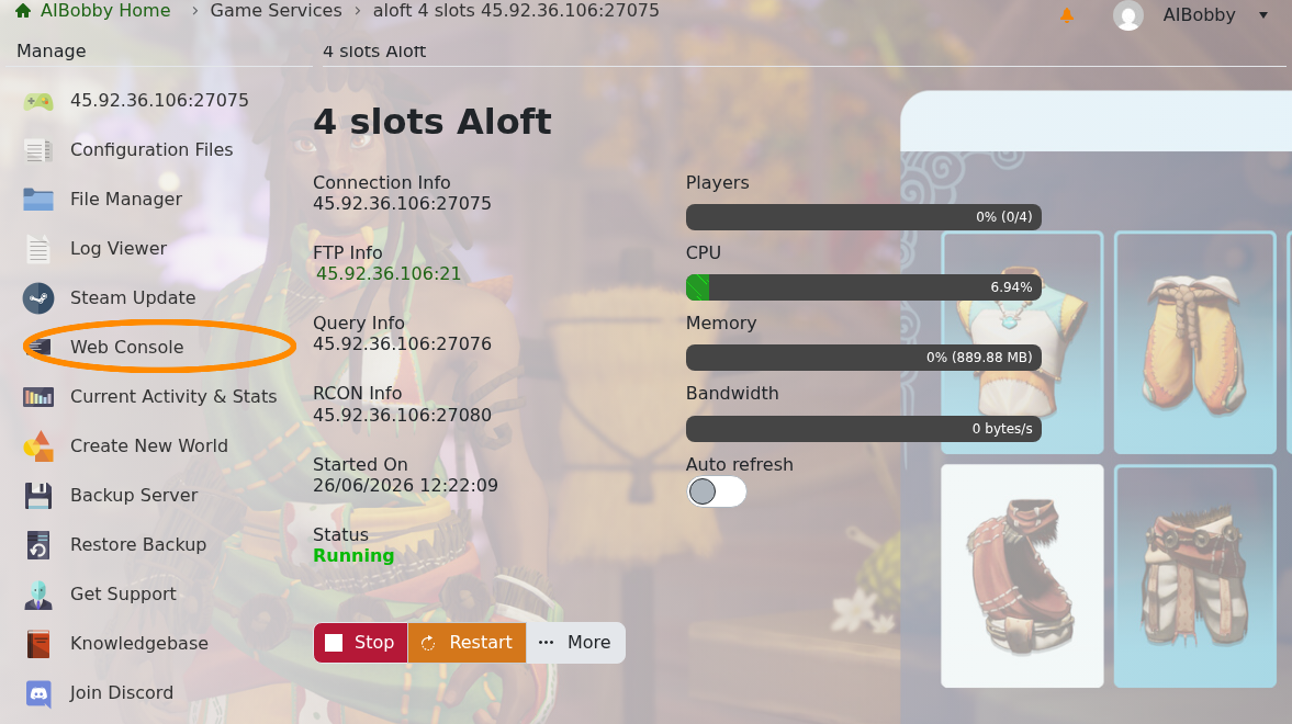 Aloft control panel showing the server running