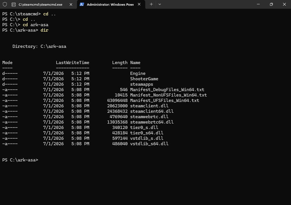 PowerShell showing the installed C ark-asa folder