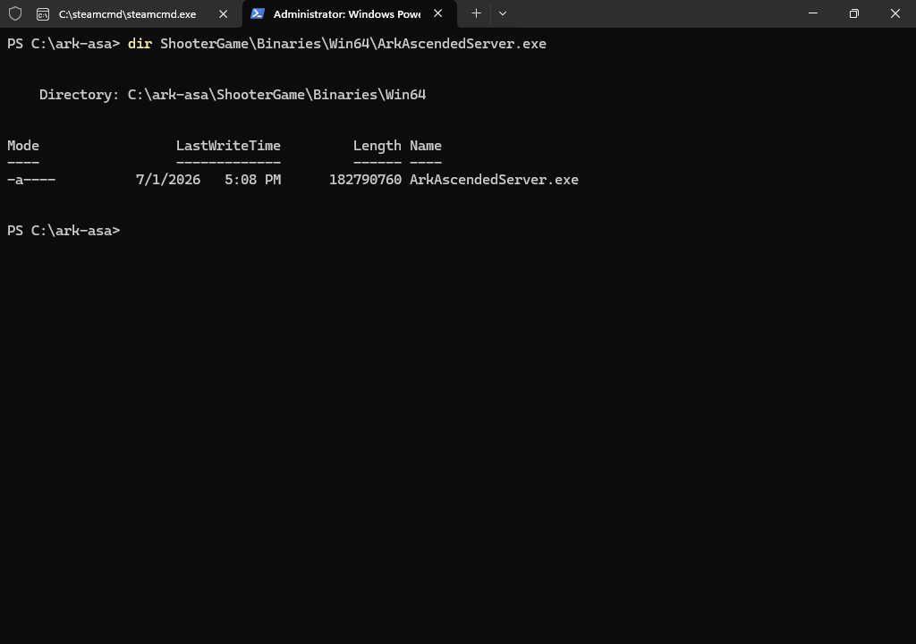 PowerShell showing ArkAscendedServer.exe inside ShooterGame Binaries Win64
