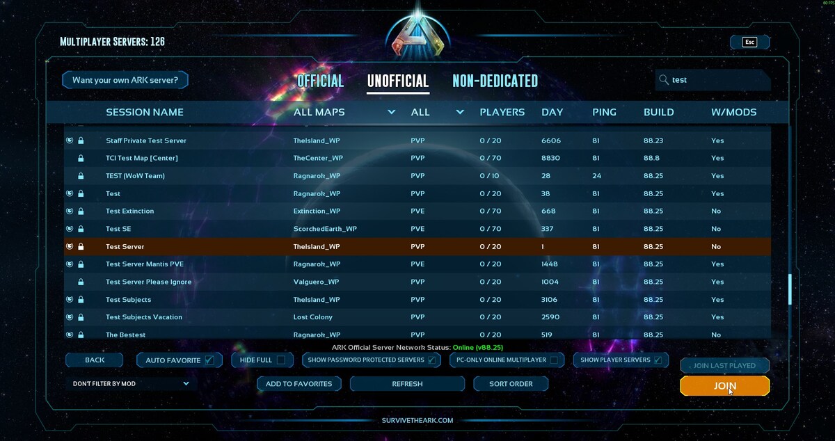 ARK Survival Ascended server browser with a server selected