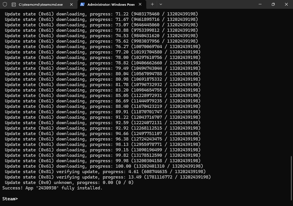 SteamCMD showing ARK Survival Ascended Dedicated Server fully installed