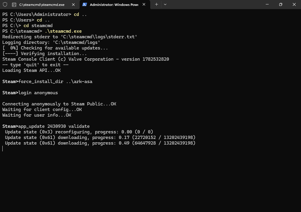 SteamCMD downloading ARK Survival Ascended Dedicated Server app 2430930