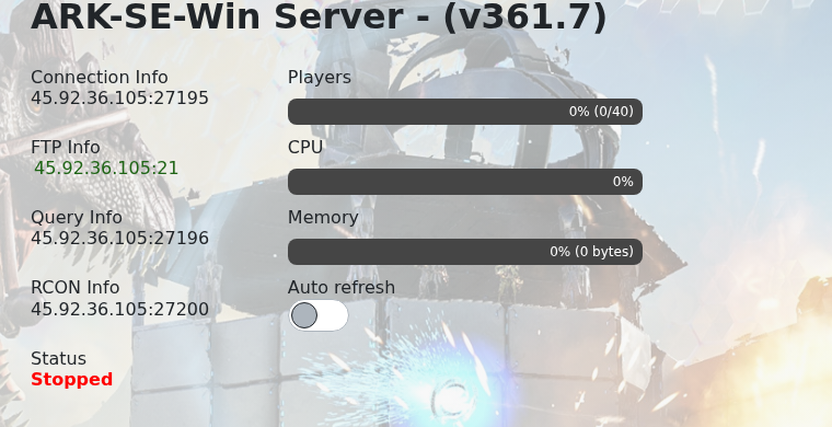 ARK control panel Connection Info and Query Info