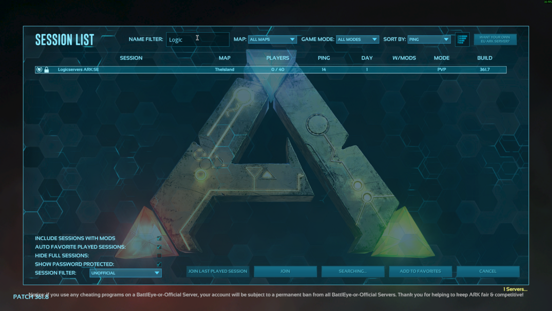 ARK session list filtered to show the server
