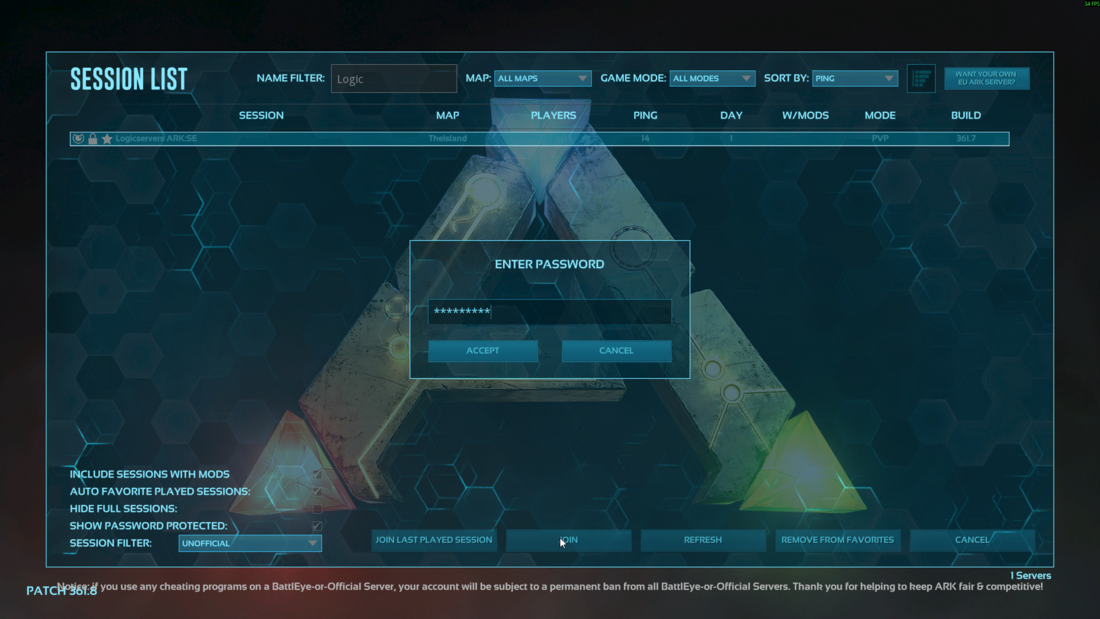 ARK server password prompt