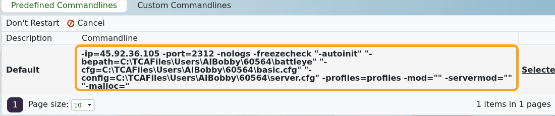 Arma 3 Commandline Manager showing selected predefined command line
