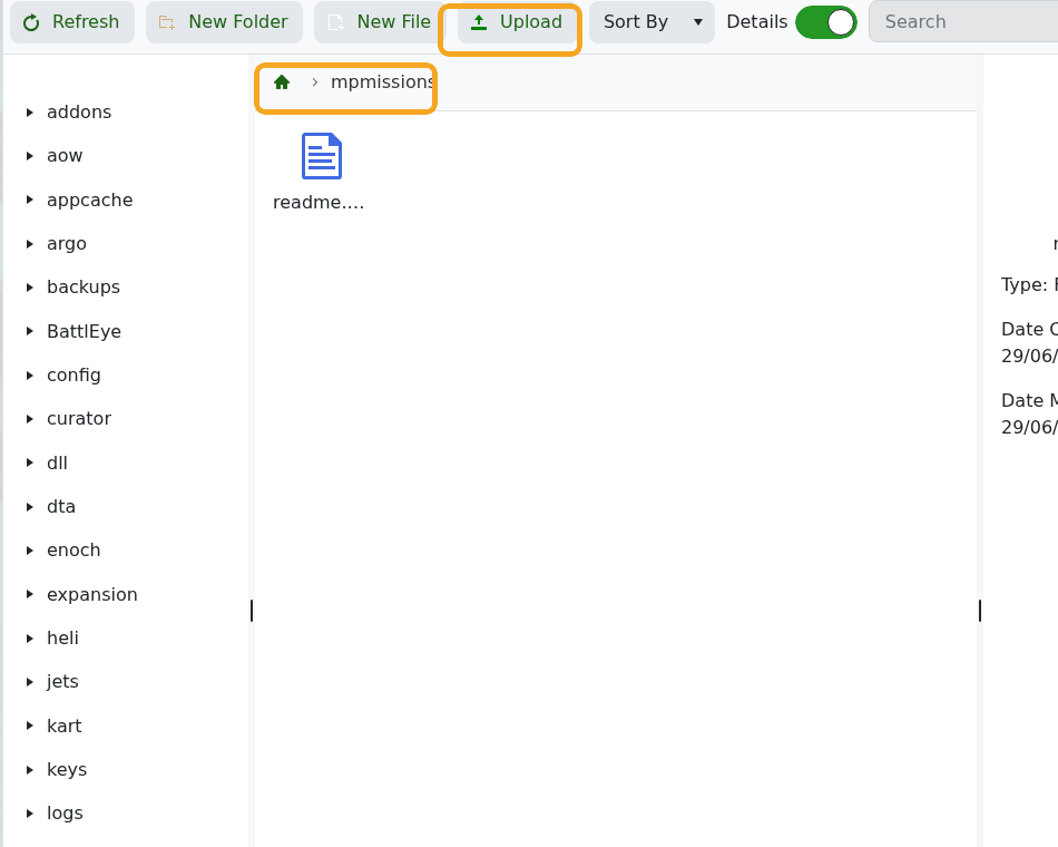 Arma 3 File Manager opened to the mpmissions folder