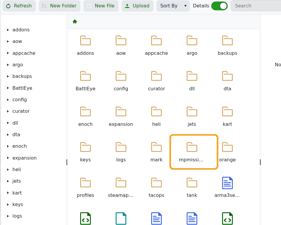 Arma 3 File Manager showing the mpmissions folder and Upload button