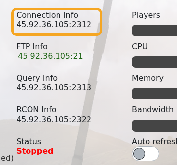 Arma 3 control panel showing Connection Info