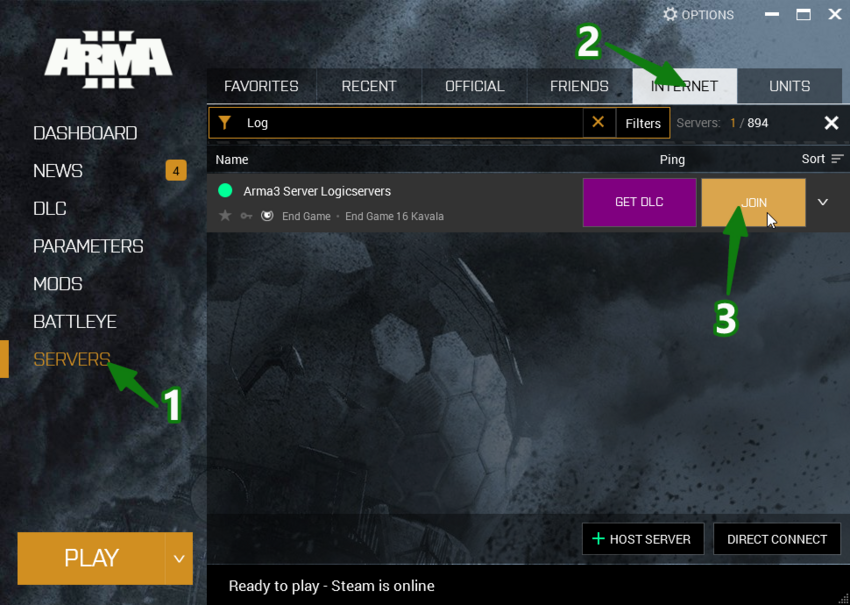 Arma 3 server browser showing the server and Join button