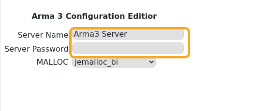 Arma 3 server.cfg Config Editor showing server name and password