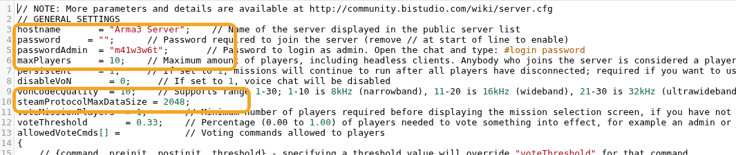 Arma 3 server.cfg showing common settings