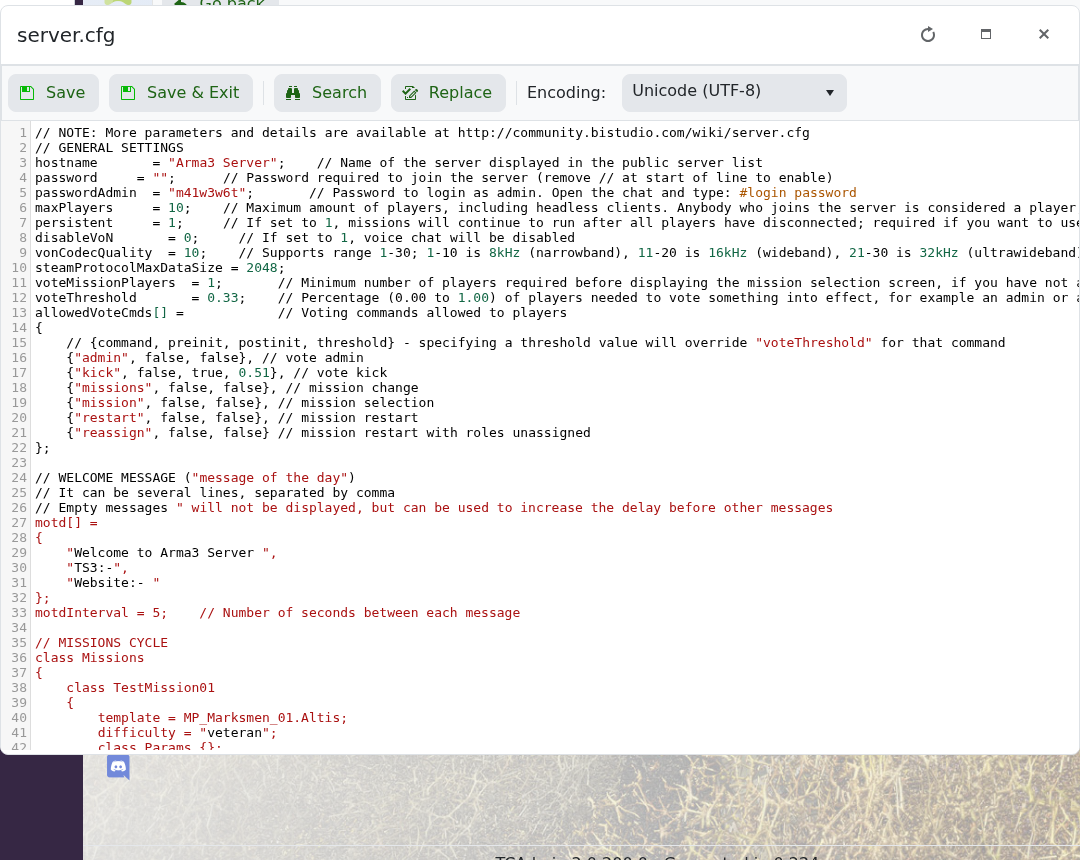 Arma 3 server.cfg Text Editor showing the class Missions block