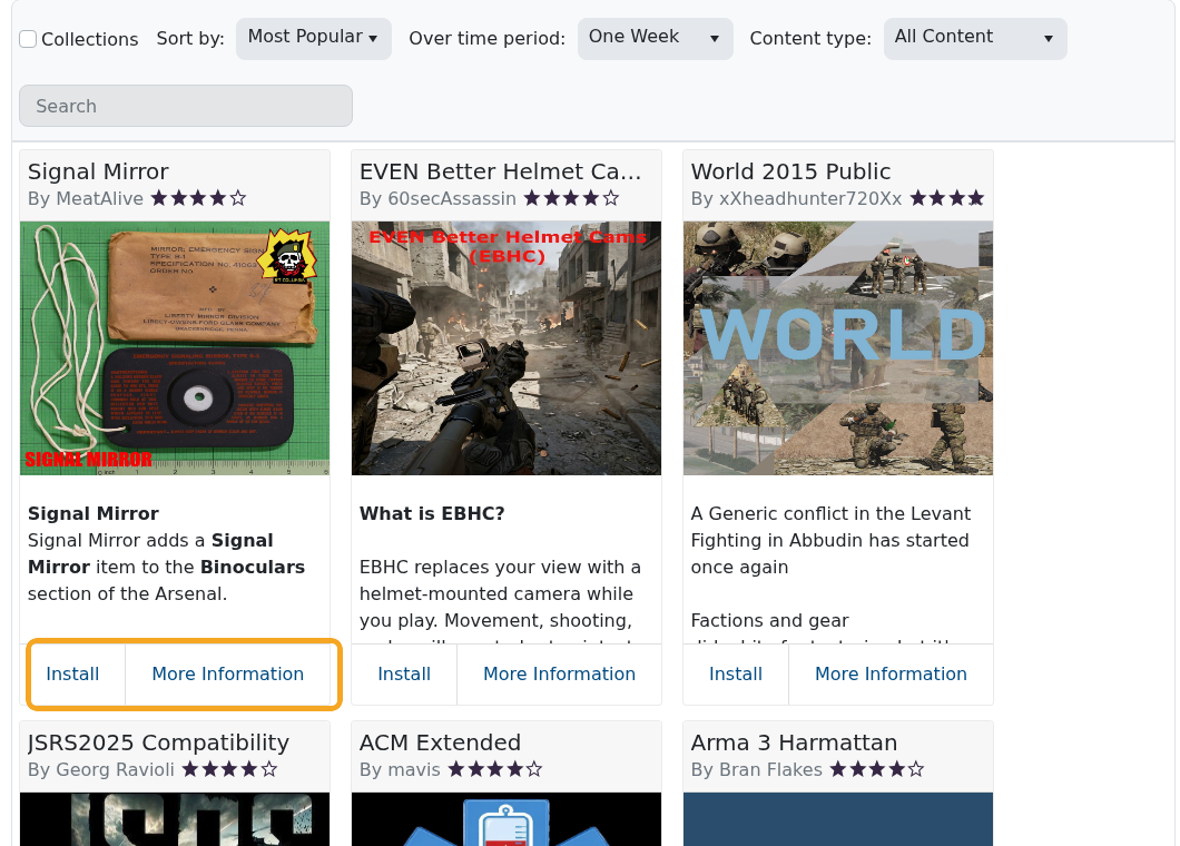 Arma 3 Steam Workshop showing mod search results