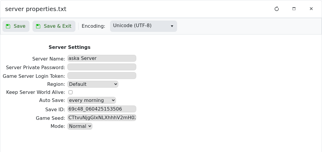 ASKA Config Editor showing Keep Server World Alive
