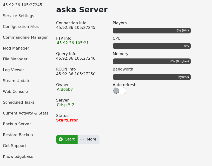 ASKA control panel Steam Update button